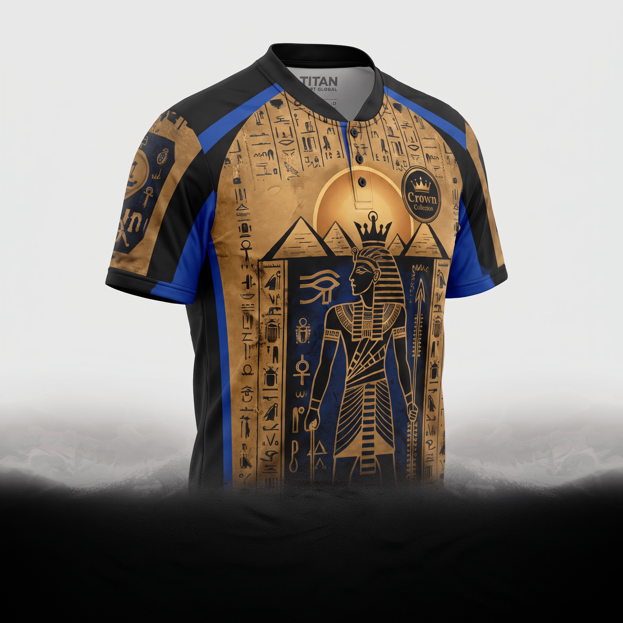 Black and blue polo shirt with gold ancient Egyptian pharaoh, hieroglyphics, pyramids, and sun graphic.