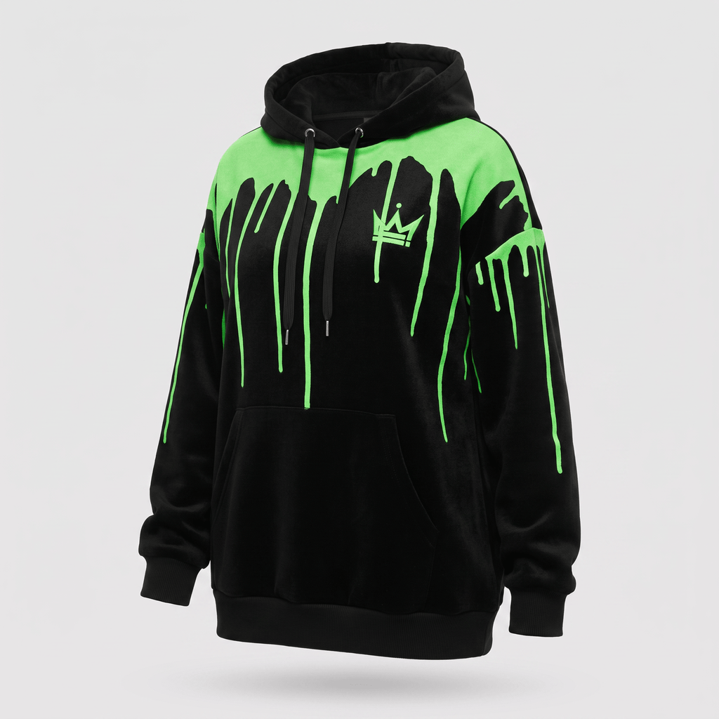Black hoodie with neon green drip paint design and a crown logo on the chest.