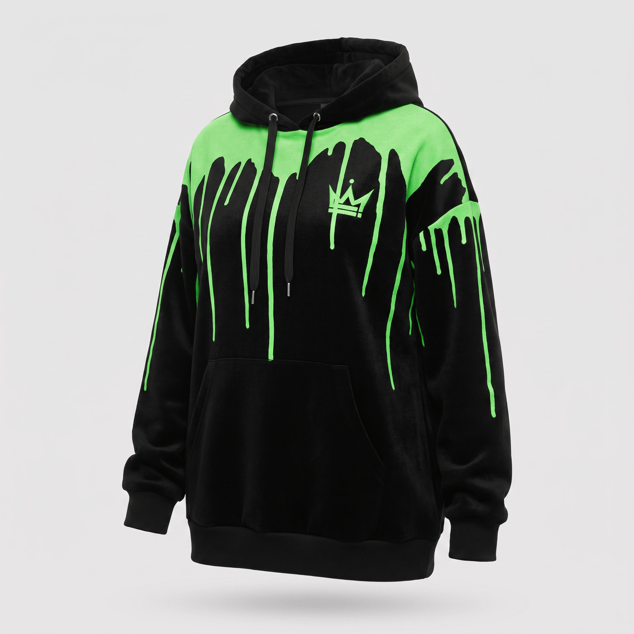 Black hoodie with neon green drip paint design and a crown logo on the chest.