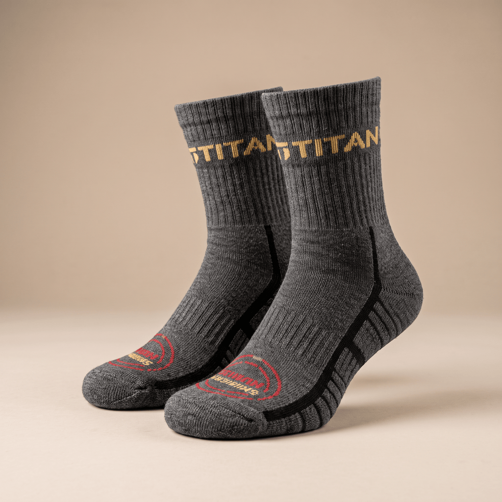 Pair of dark grey crew socks with gold Titan branding and red toe accents on a neutral background.