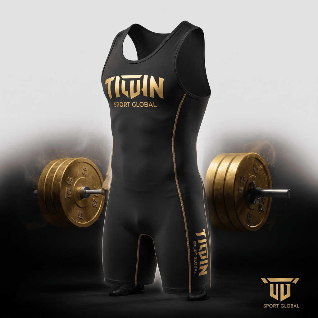 Black and gold weightlifting singlet with Tildin Sport Global branding, displayed with a barbell.