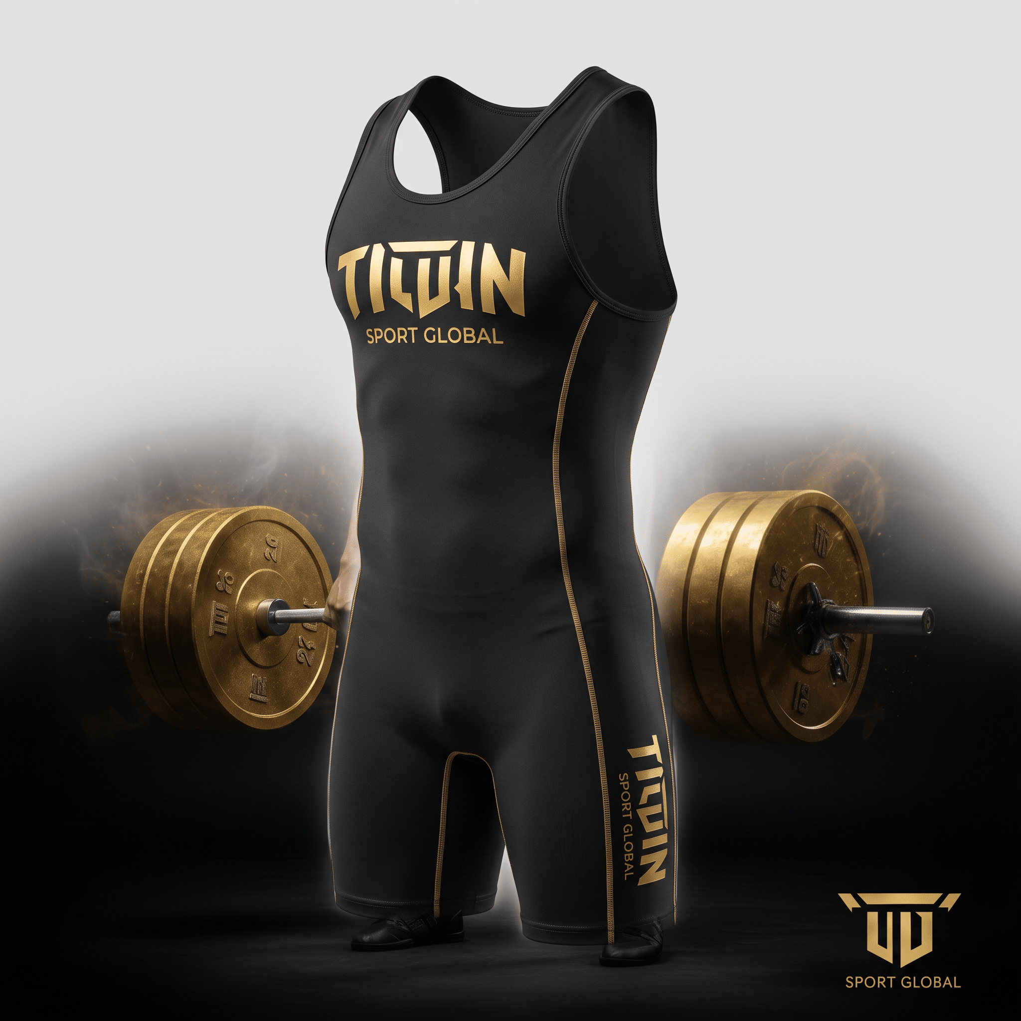 Black and gold weightlifting singlet with Tildin Sport Global branding, displayed with a barbell.