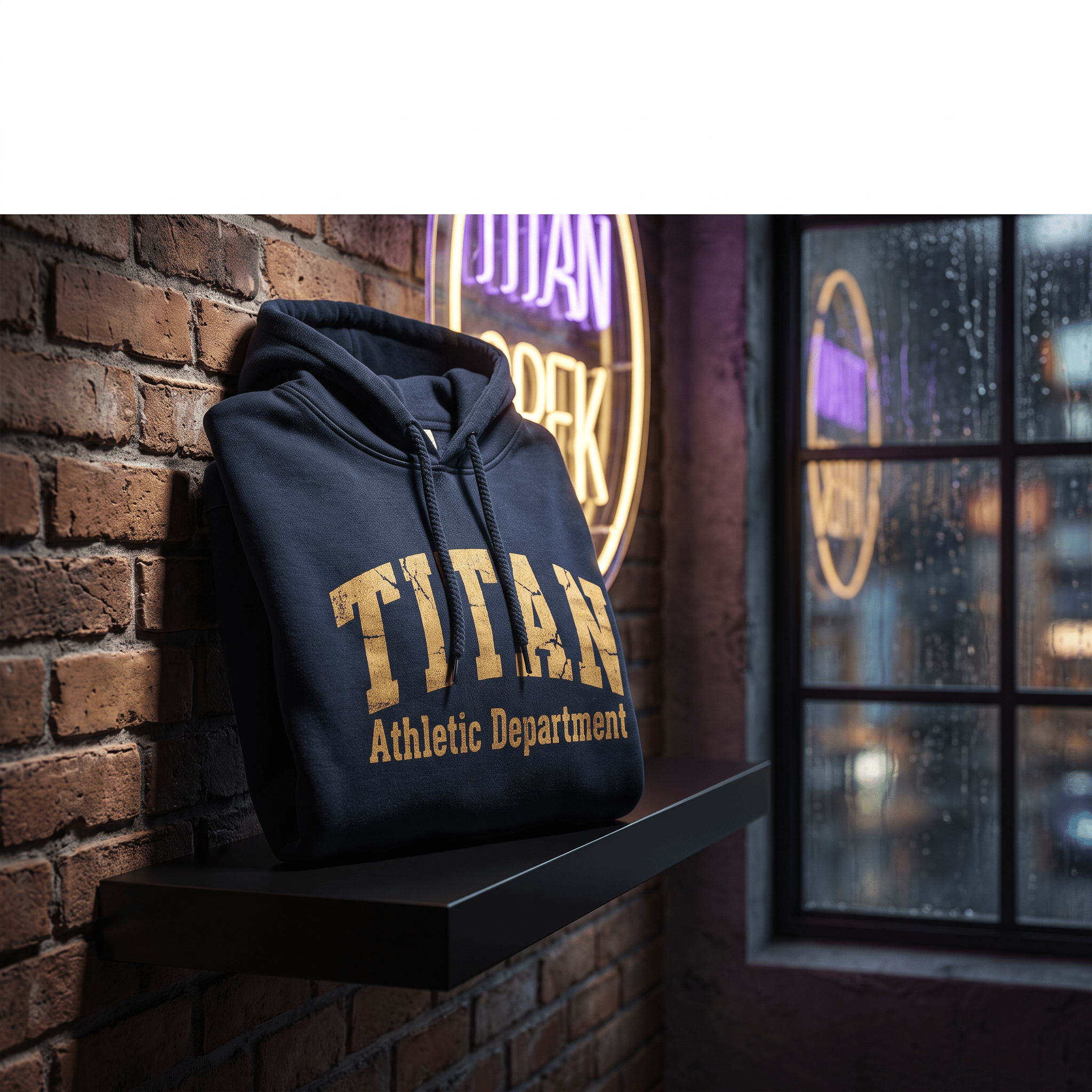 Navy blue hooded sweatshirt with distressed gold "TITAN Athletic Department" text on a black shelf against brick.