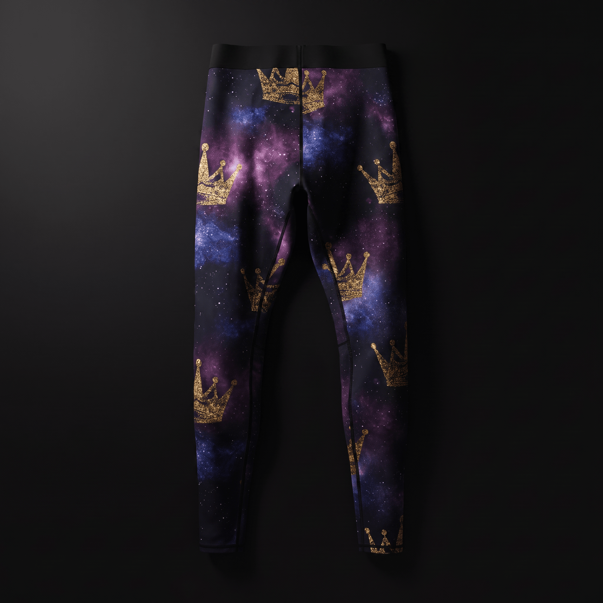 Purple and blue galaxy print leggings with gold glitter crown motifs and a black waistband.