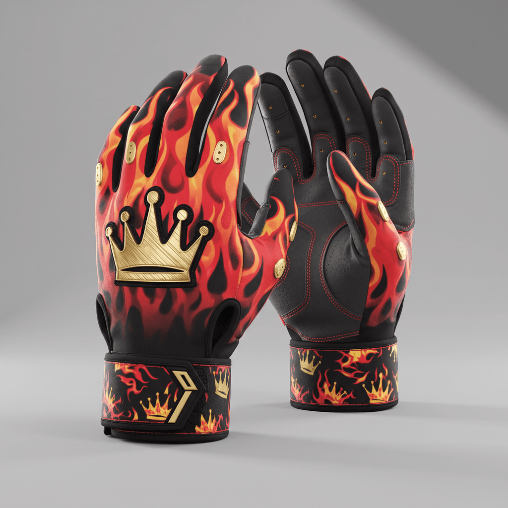 Black and red football gloves with a yellow flame pattern and a metallic gold crown logo on the backhand.