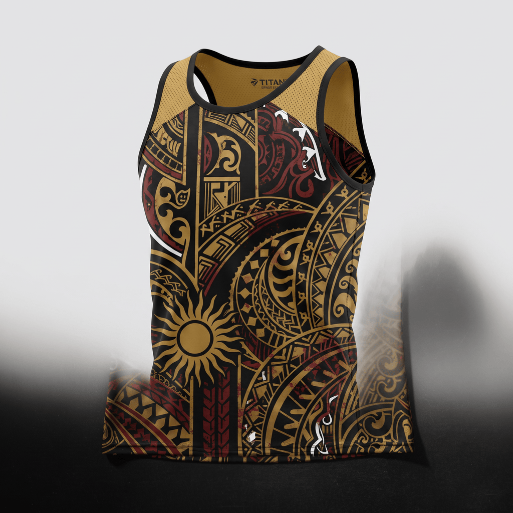 Black and gold athletic tank top featuring Polynesian tribal patterns and a sun motif.