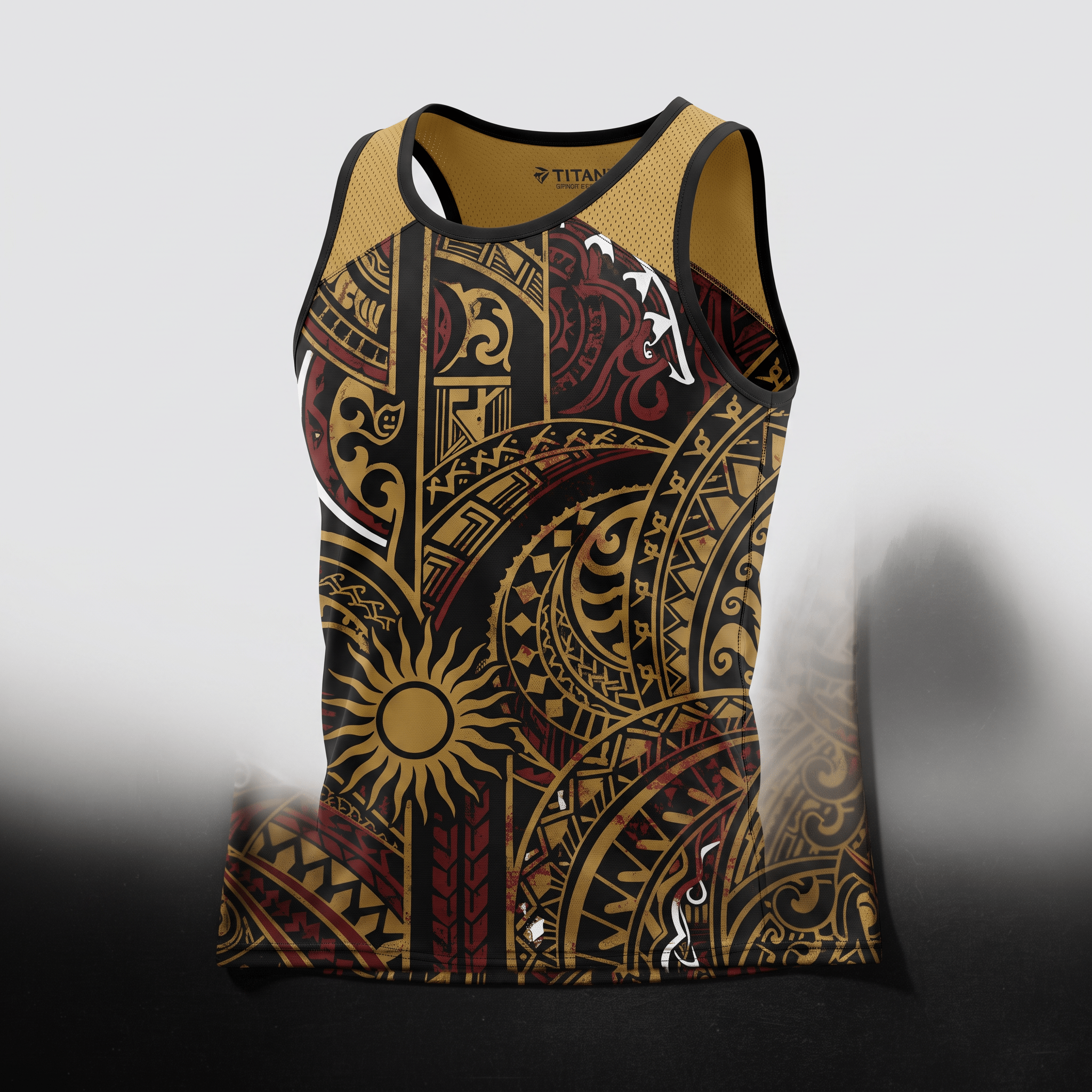 Black and gold athletic tank top featuring Polynesian tribal patterns and a sun motif.
