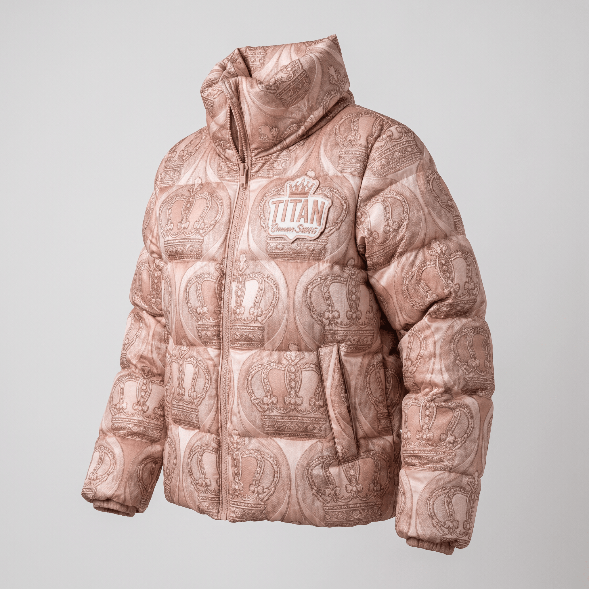 Pink Titan puffer jacket with an all-over crown print, high collar, zip front, and chest patch logo.