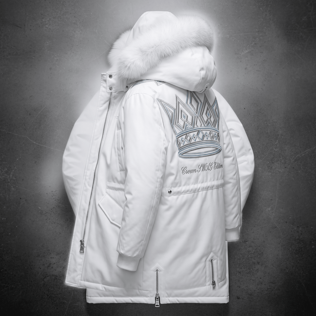 White winter parka with fur-lined hood and embroidered crown on back displayed on textured gray background.