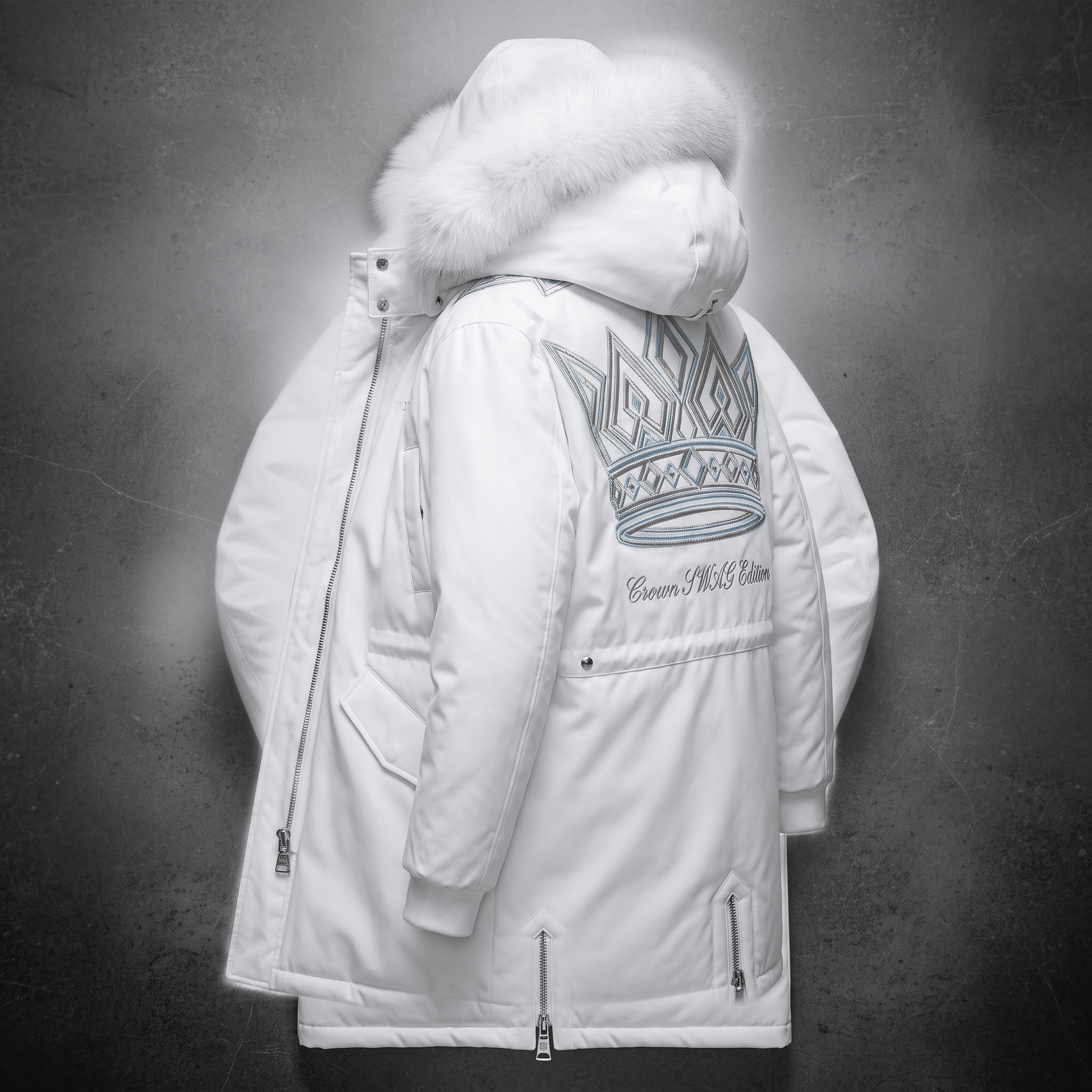 White winter parka with fur-lined hood and embroidered crown on back displayed on textured gray background.