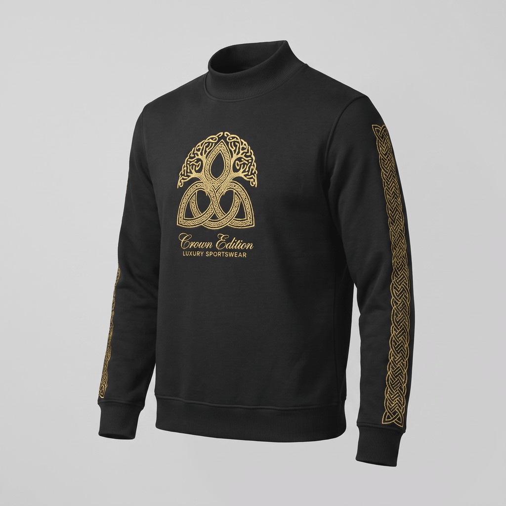 Black mock neck sweatshirt with gold Celtic knot sleeve trim and Crown Edition chest logo.