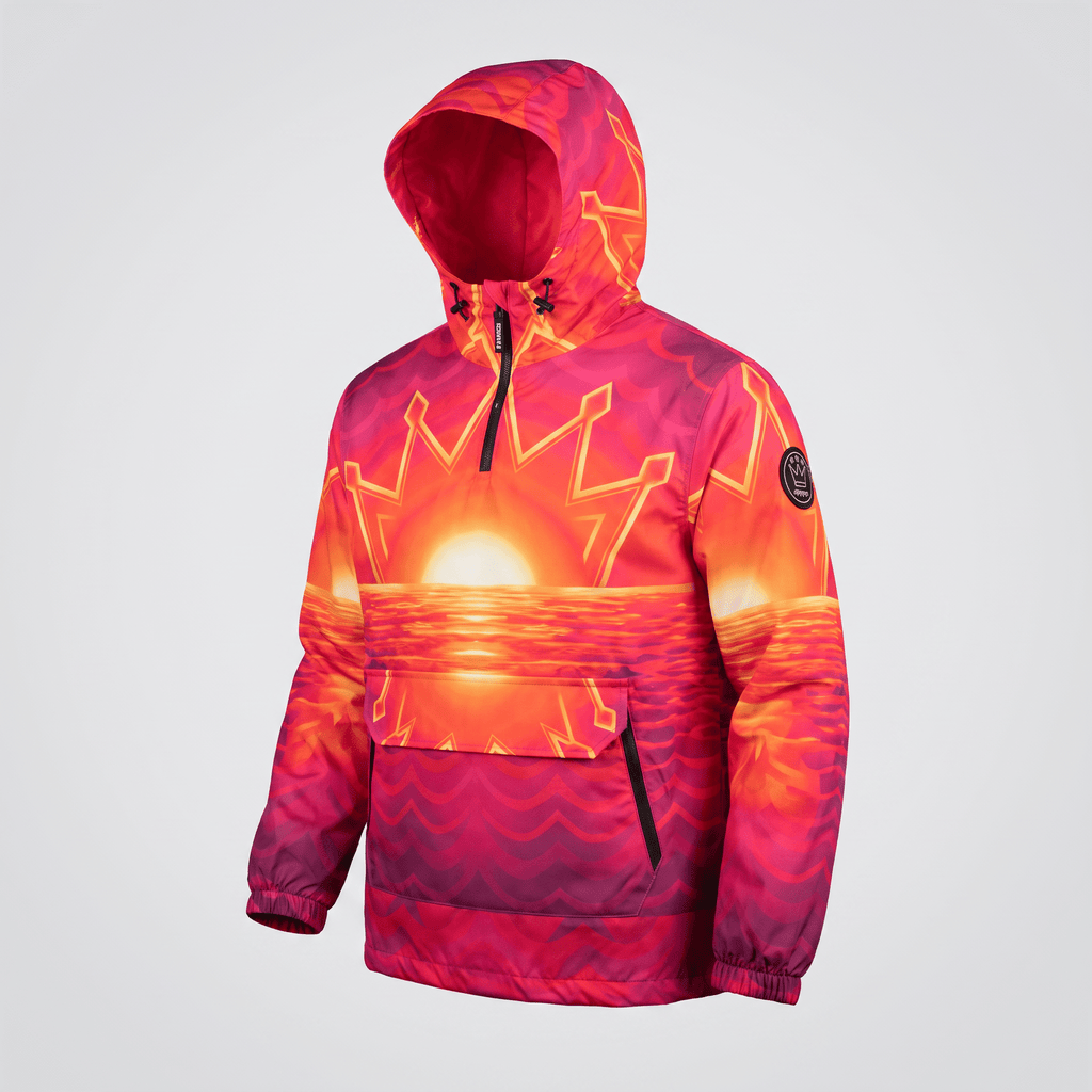 Pink and orange sunset landscape hoodie with a quarter-zip, hood, and front pocket against a white background.