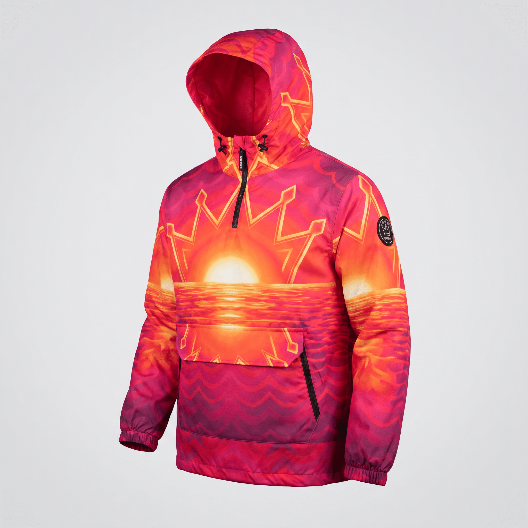 Pink and orange sunset landscape hoodie with a quarter-zip, hood, and front pocket against a white background.