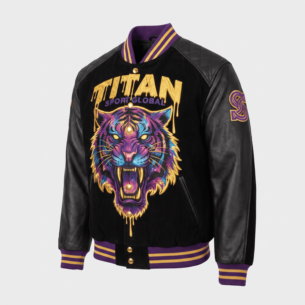 Black varsity jacket with leather sleeves, purple and gold striped trim, and a roaring tiger graphic on the chest.