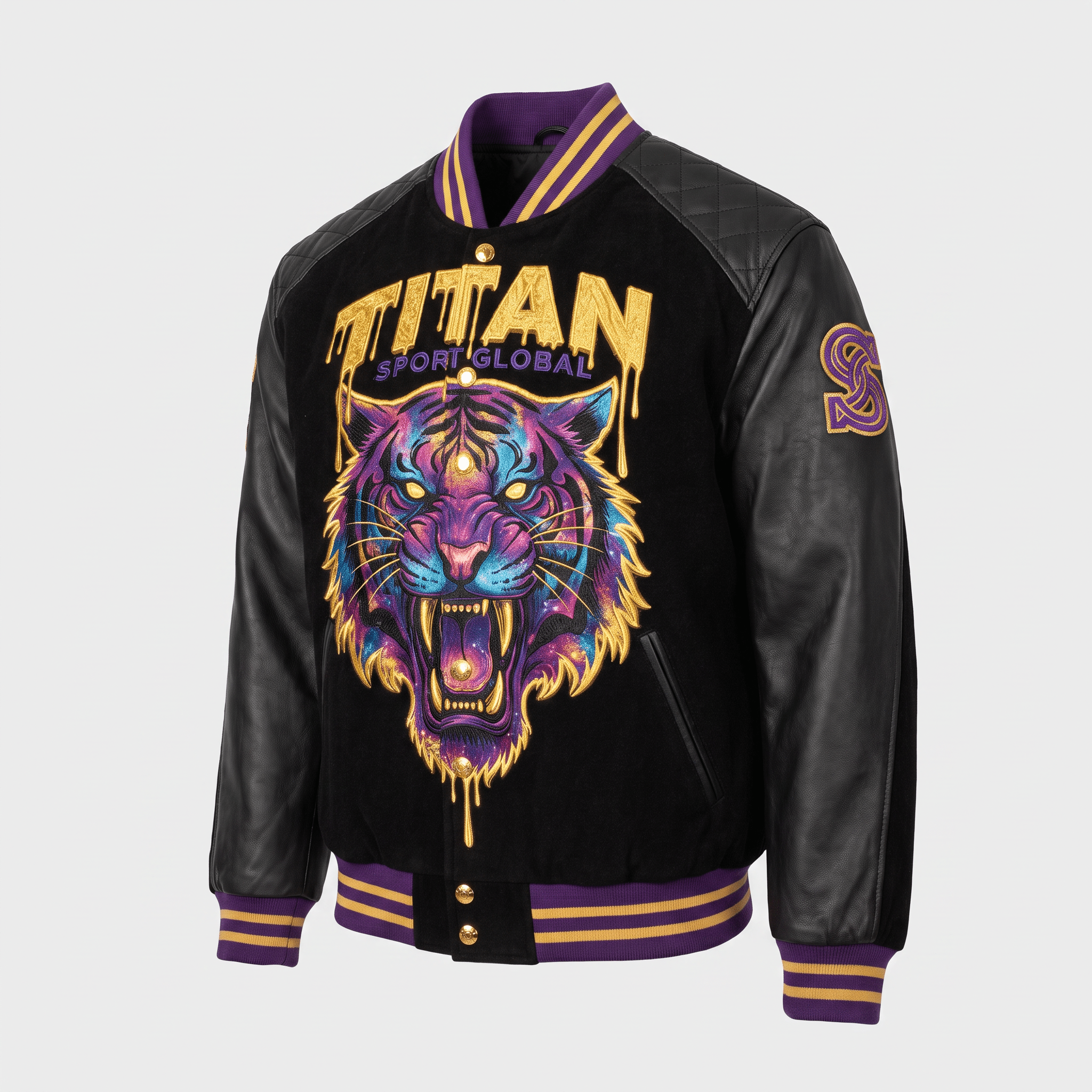 Black varsity jacket with leather sleeves, purple and gold striped trim, and a roaring tiger graphic on the chest.