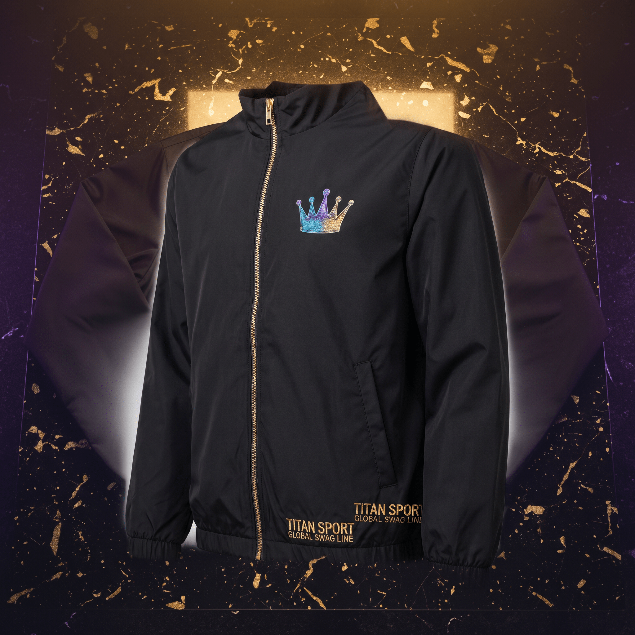 Black zip-up jacket with gold zipper, crown logo, and Titan Sport branding against a dark patterned background.