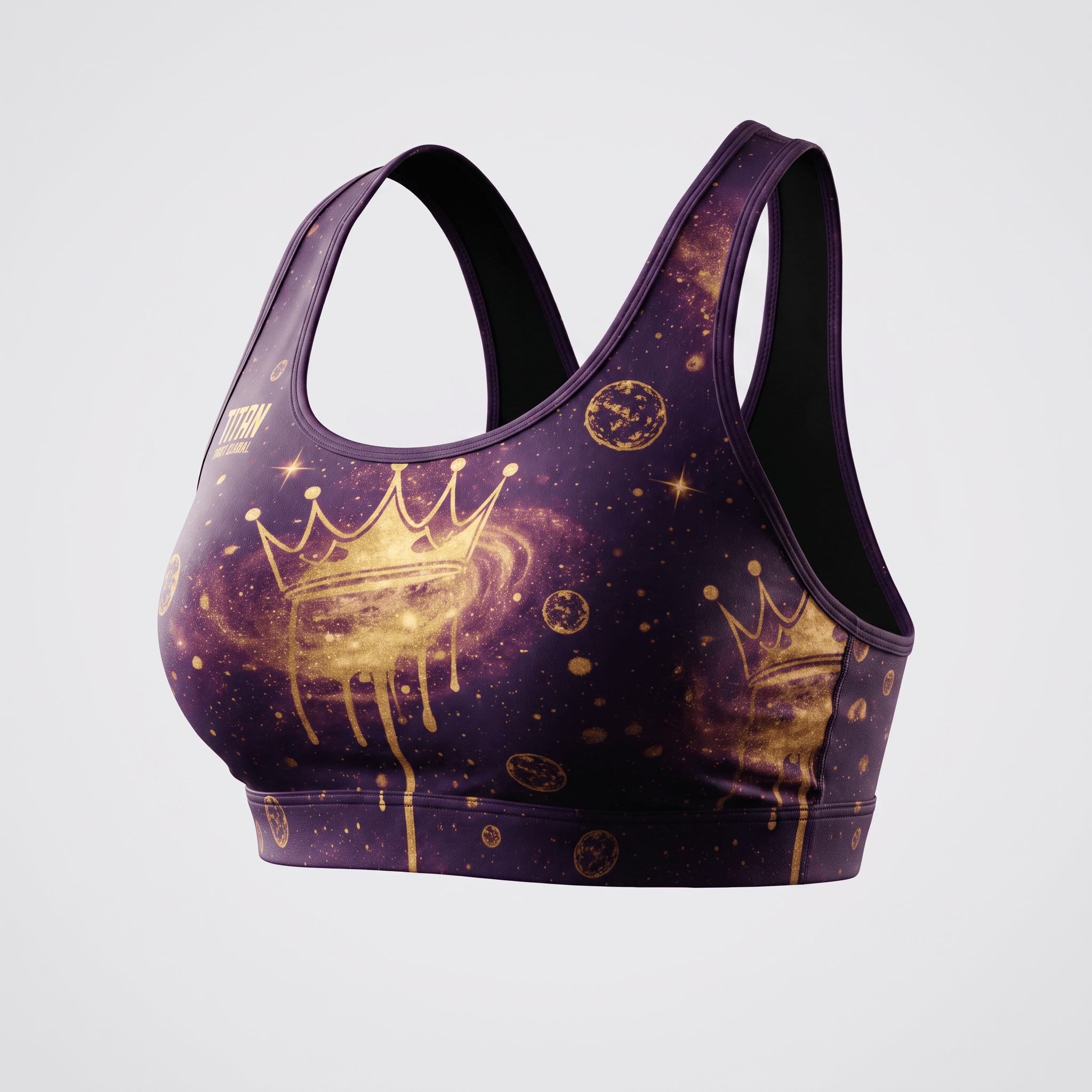 Purple sports bra with gold galaxy print, planets, and a dripping crown graphic on the front.