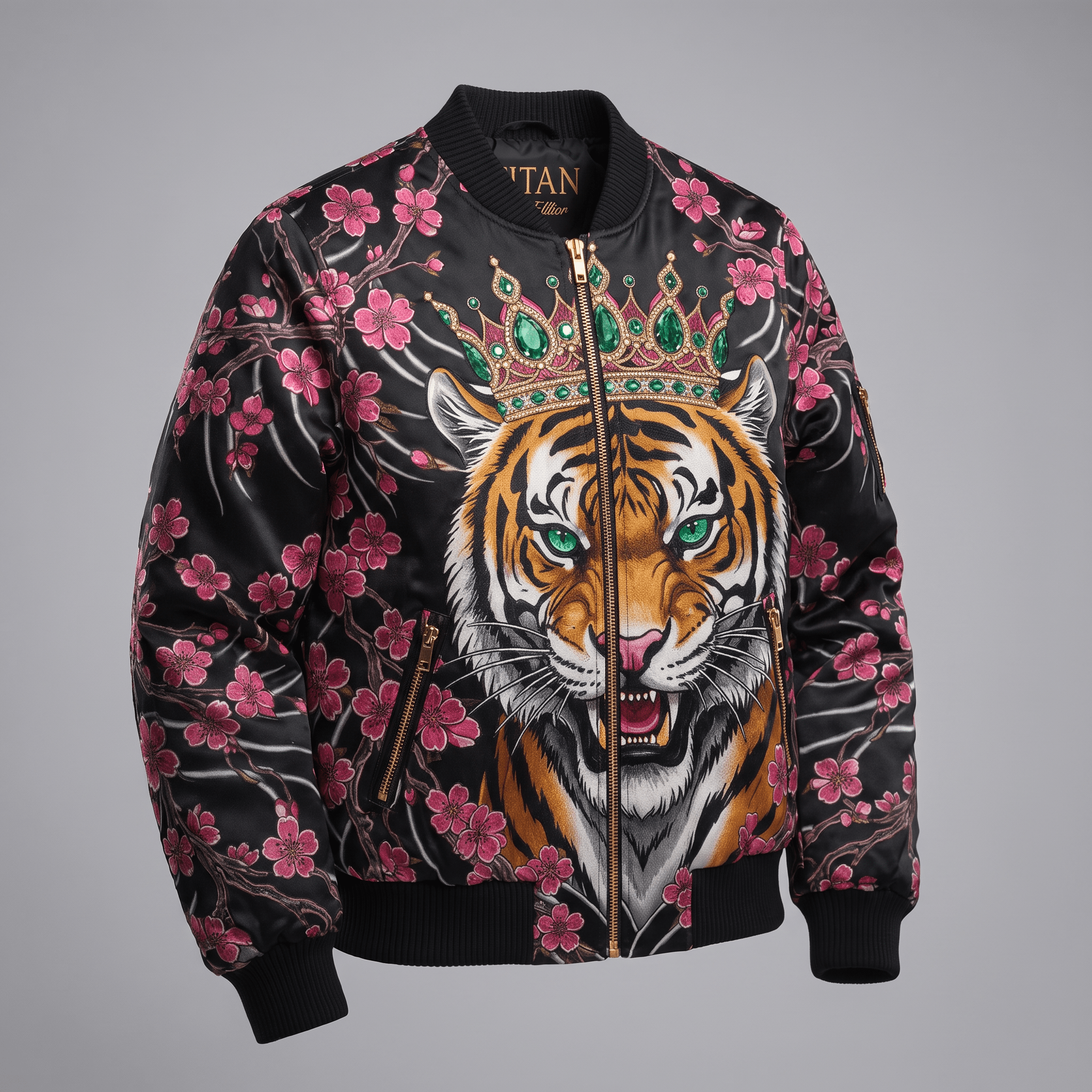 Black bomber jacket with pink cherry blossoms and a roaring tiger wearing a jewel-encrusted gold crown.