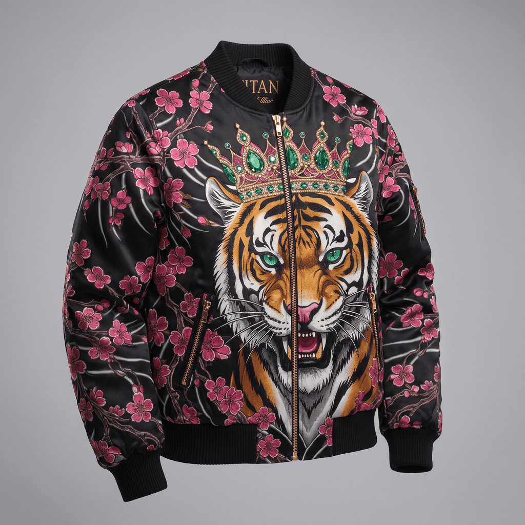 Black satin bomber jacket featuring a crowned tiger graphic and pink cherry blossom print.