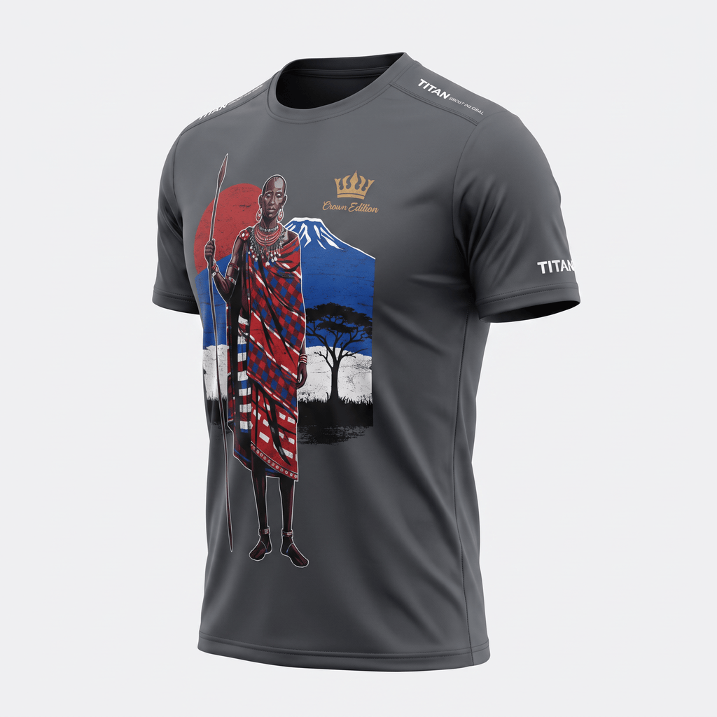 Dark grey athletic t-shirt featuring a Maasai warrior graphic, Mount Kilimanjaro, and Titan branding.