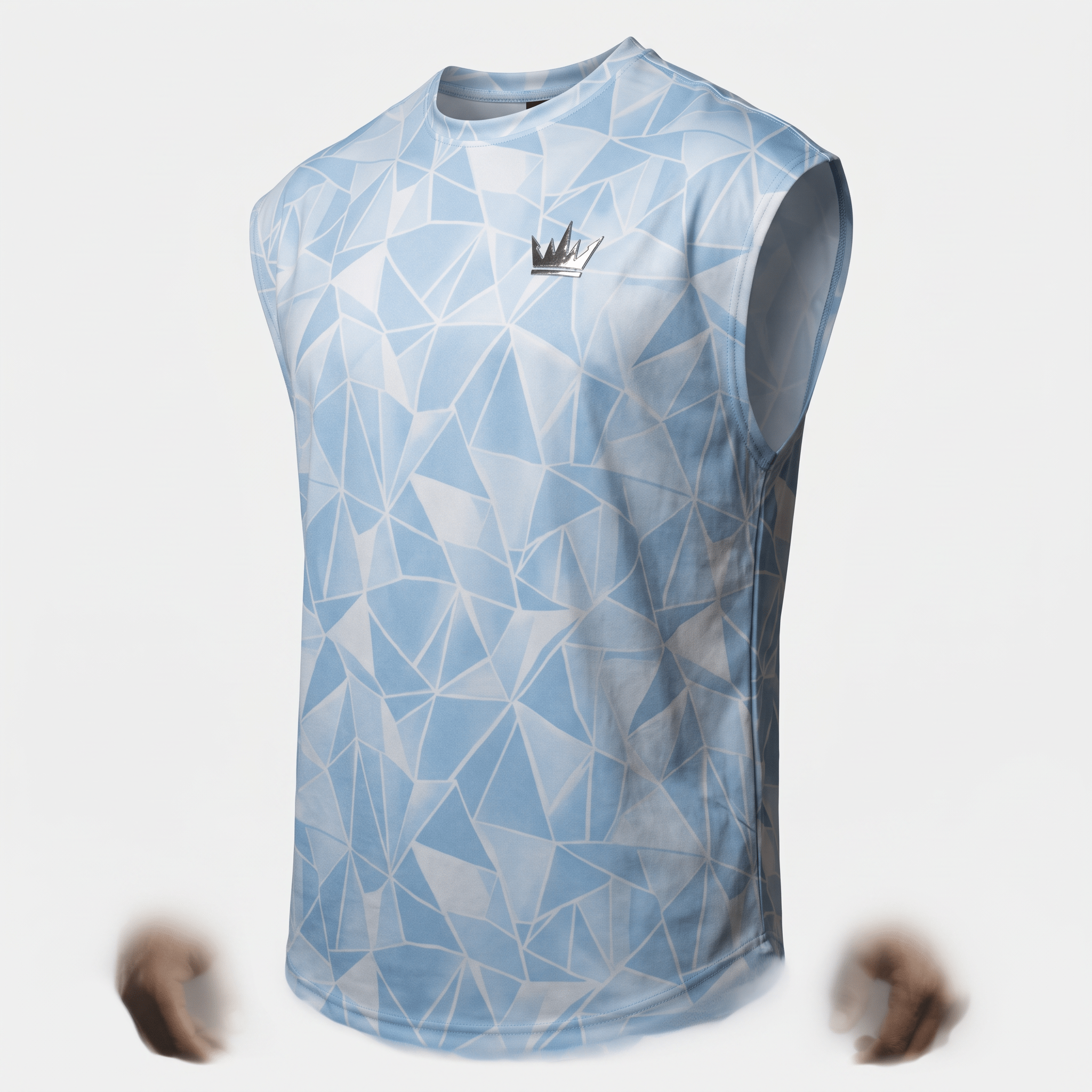 Light blue sleeveless athletic workout shirt with white geometric polygon pattern and silver crown logo.