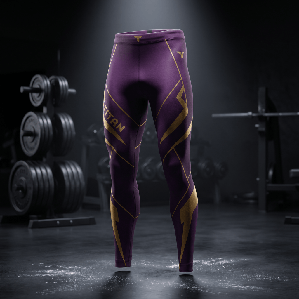 Purple athletic compression leggings with gold geometric accents and "TITAN" branding in a gym setting.