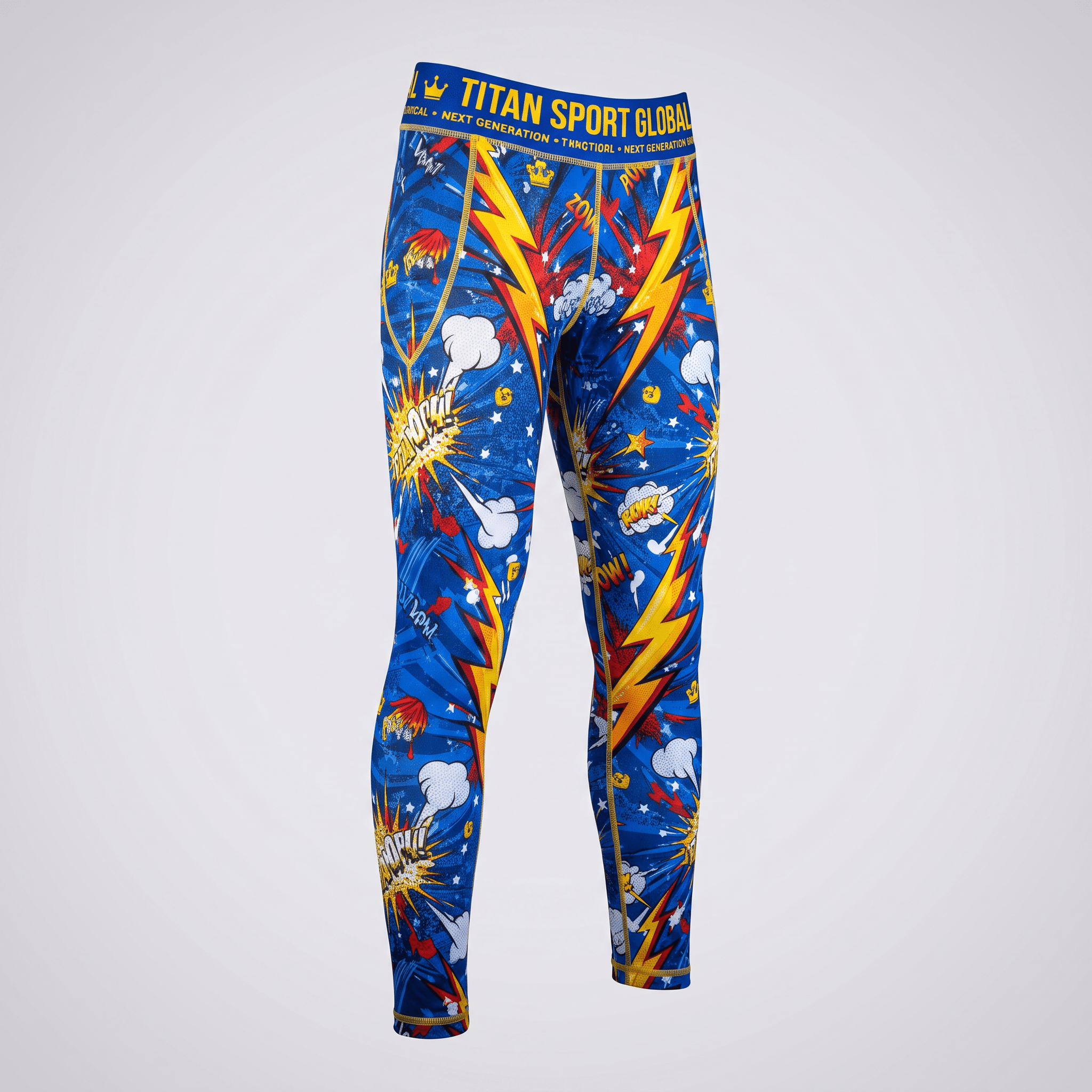 Blue athletic leggings with comic book graphics, lightning bolts, and Titan Sport Global waistband.