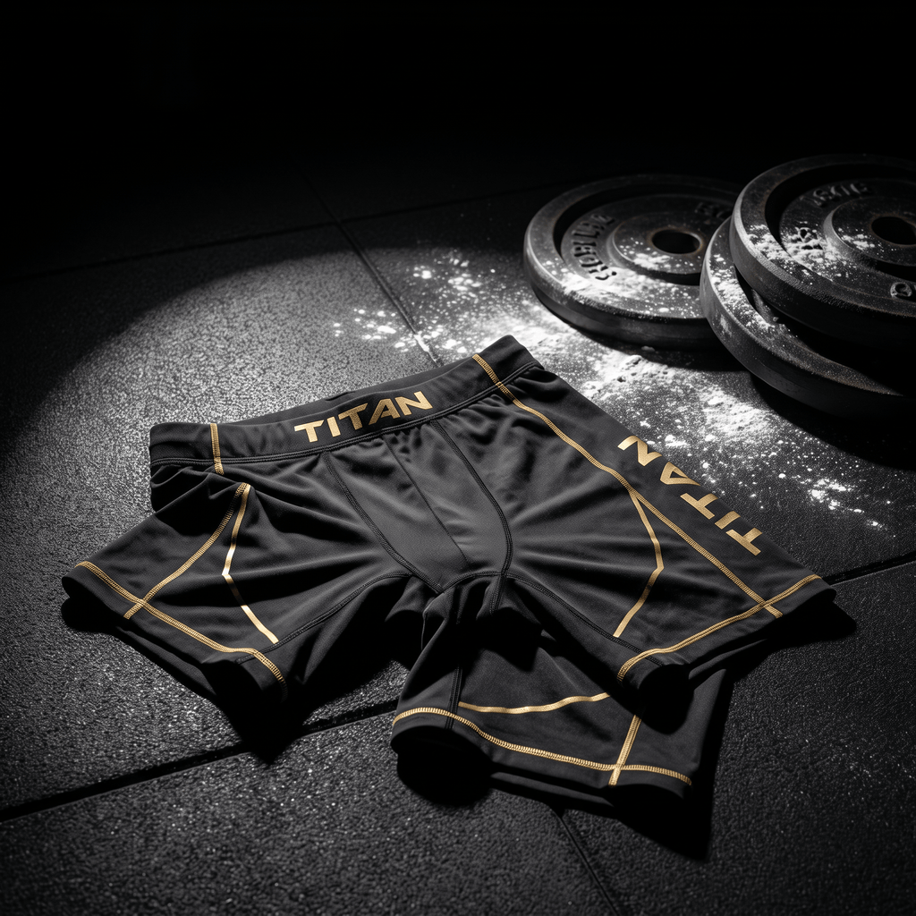 Black athletic compression shorts with gold "TITAN" branding and trim, resting on a gym floor next to weight plates.