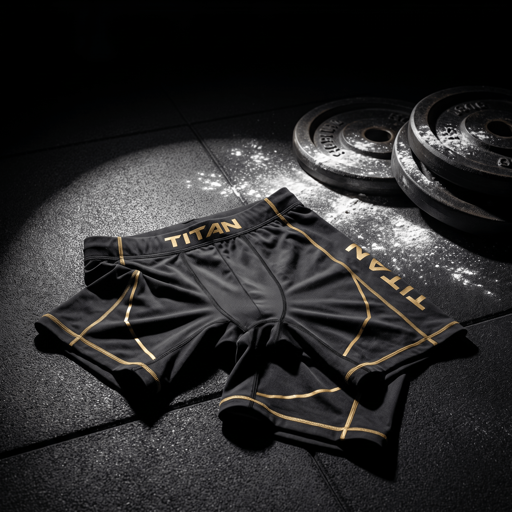 Black athletic compression shorts with gold "TITAN" branding and trim, resting on a gym floor next to weight plates.