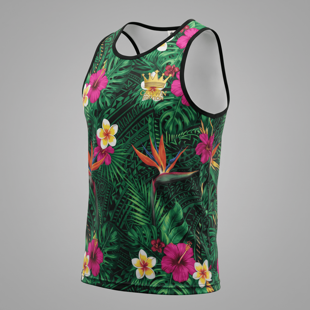Green tropical floral print tank top with black trim and gold crown logo.