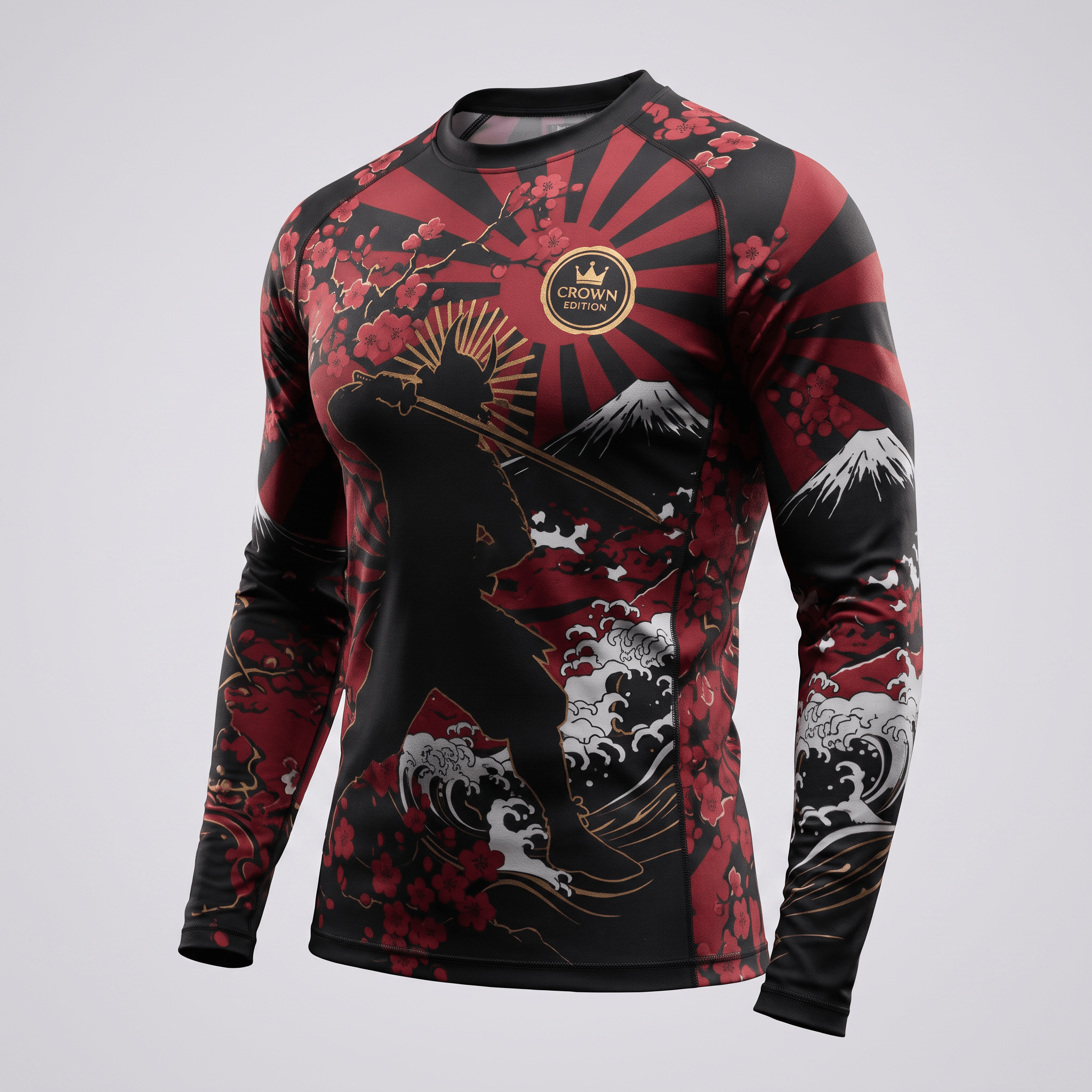 Black and red long sleeve rash guard featuring a samurai, Mount Fuji, cherry blossoms, and sun rays graphic.