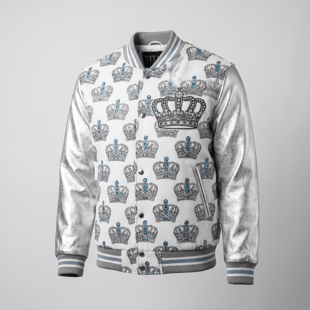White varsity jacket with metallic silver sleeves, blue crystal crown print, and large embroidered chest crown.