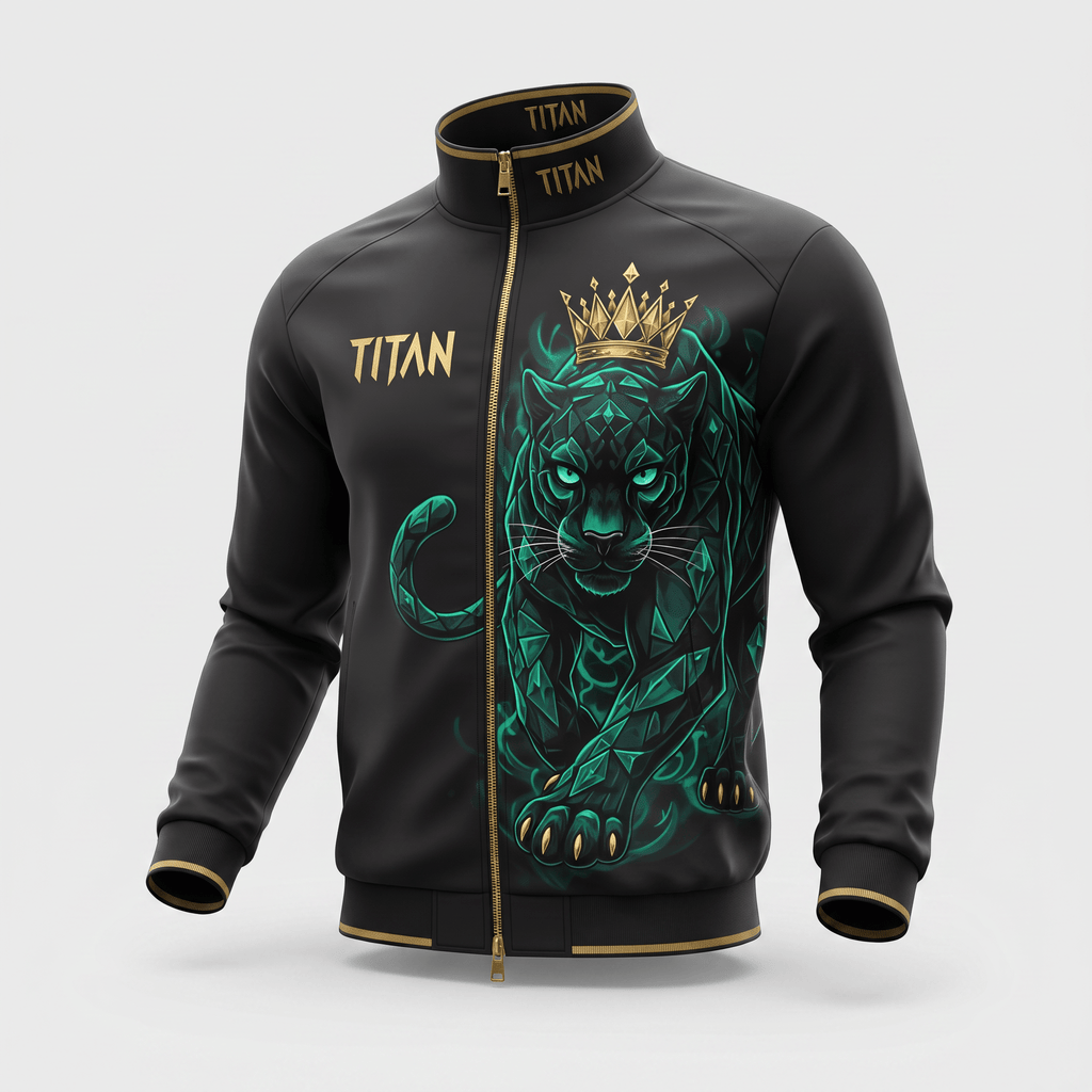 Black zip-up jacket with gold trim, featuring a teal crystal panther graphic with a crown and Titan branding.