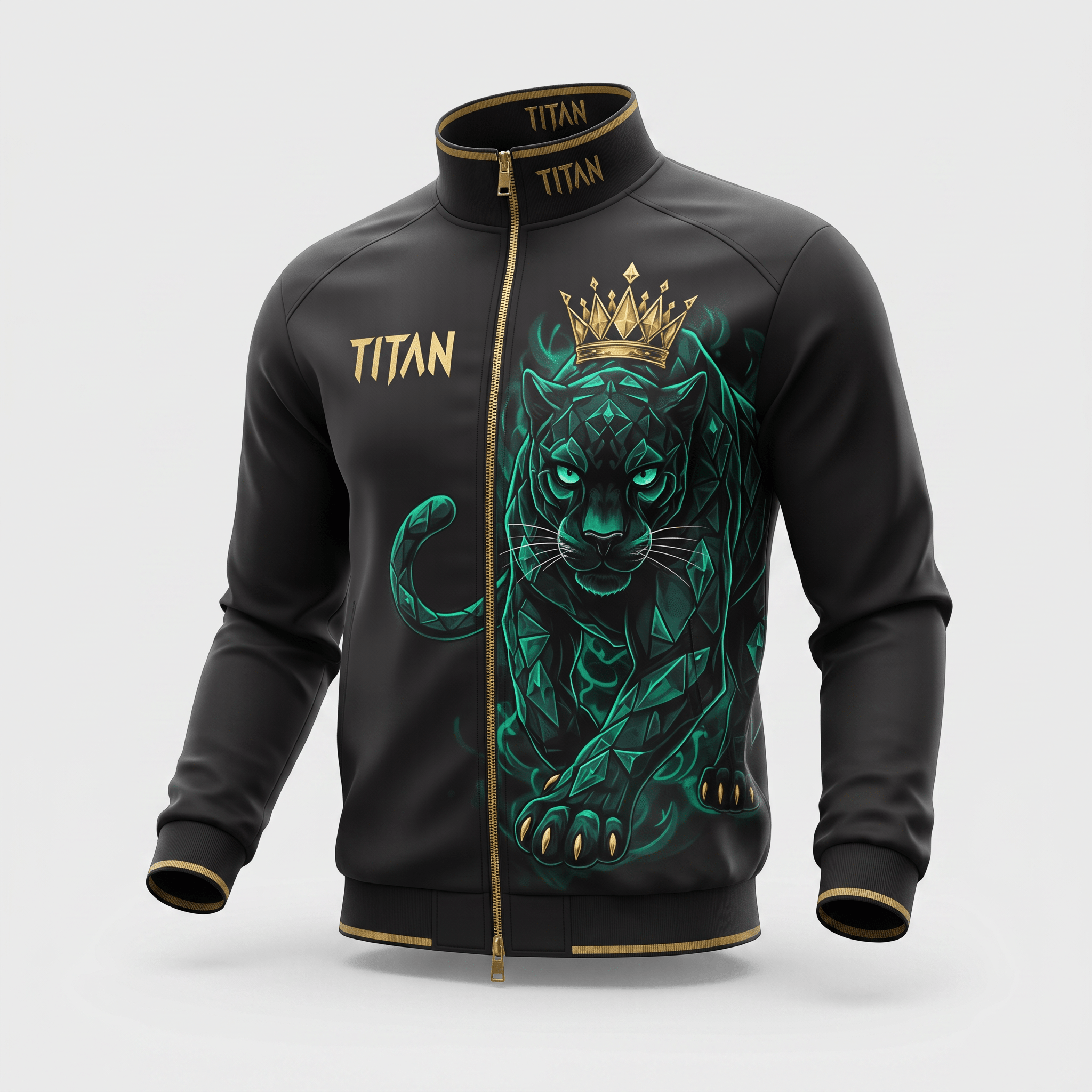 Black track jacket with gold zipper and Titan logo, featuring a teal crystal panther wearing a crown.