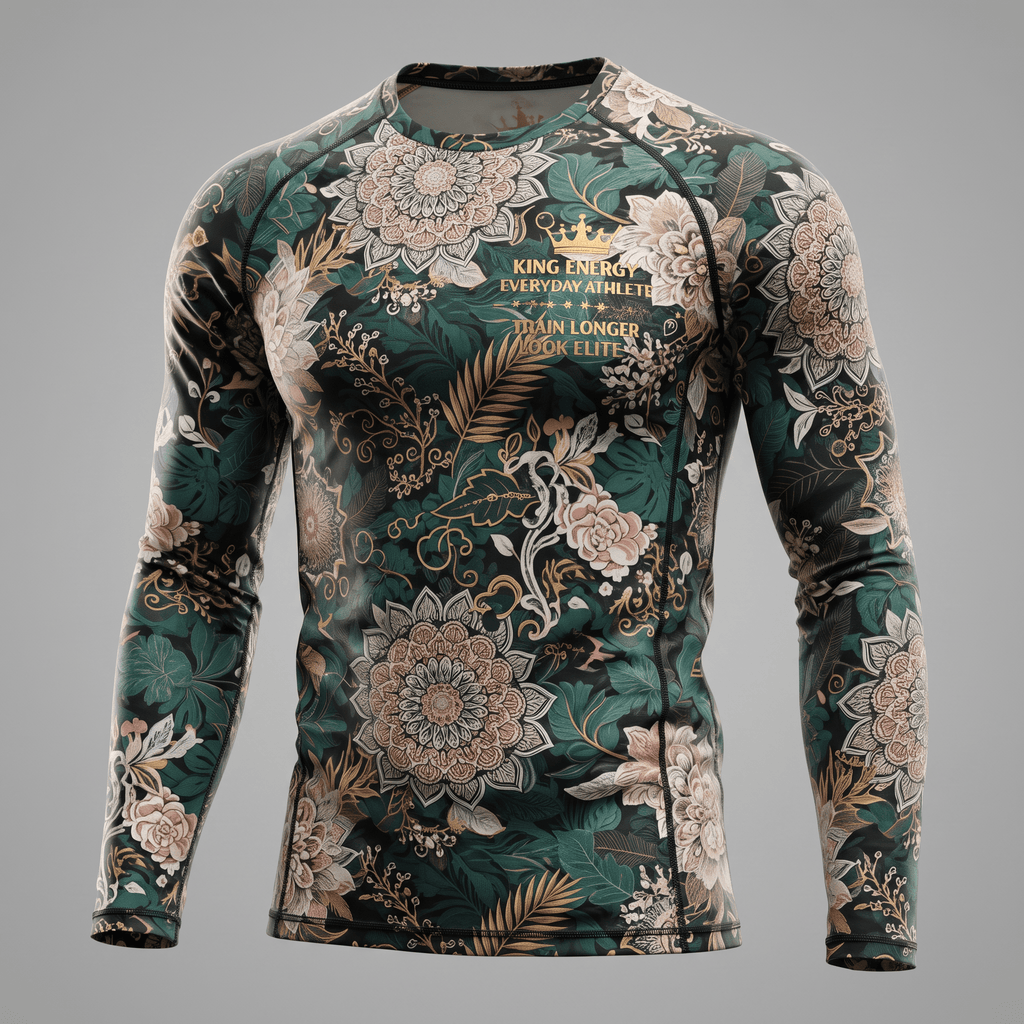 Green floral long-sleeve rash guard with gold crown logo and text.