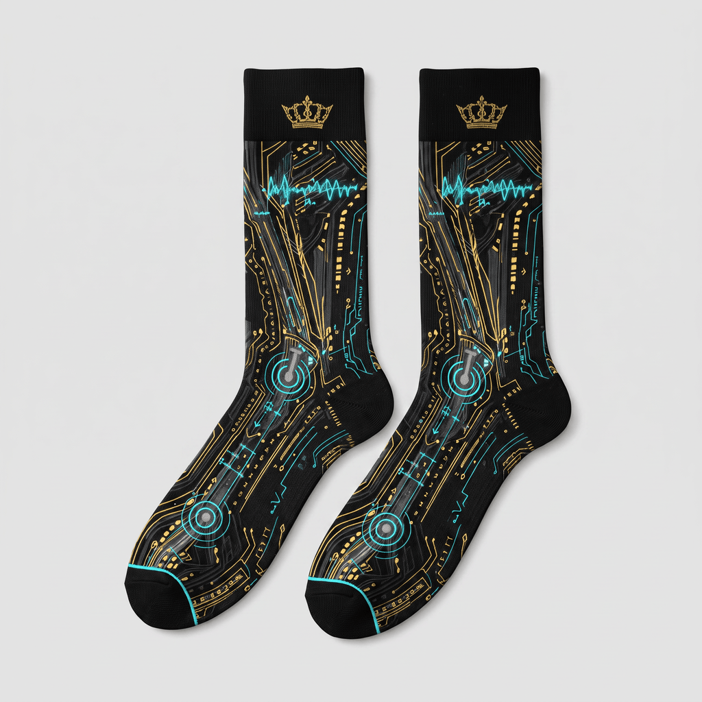 Black crew socks featuring a gold and blue sci-fi circuit board pattern with a gold crown at the top.