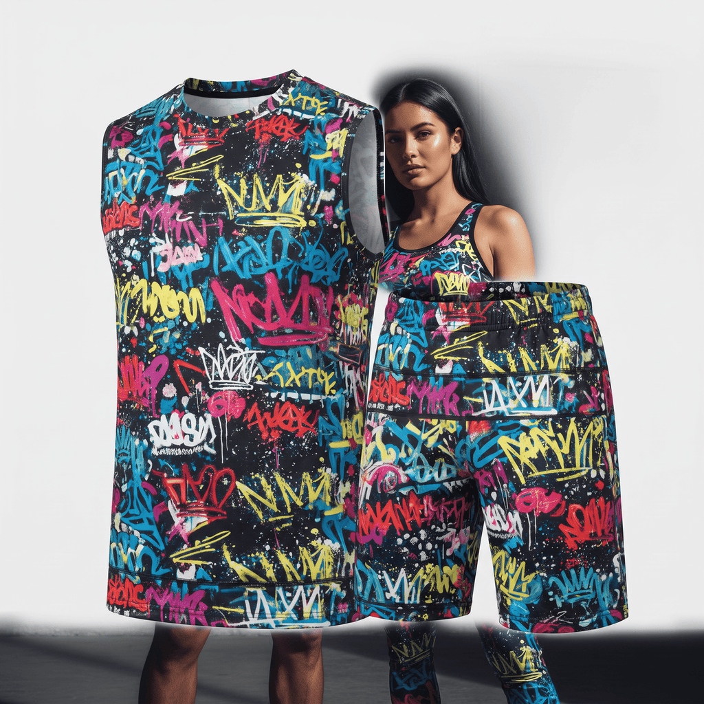 Black athletic tank top and shorts with colorful graffiti print.