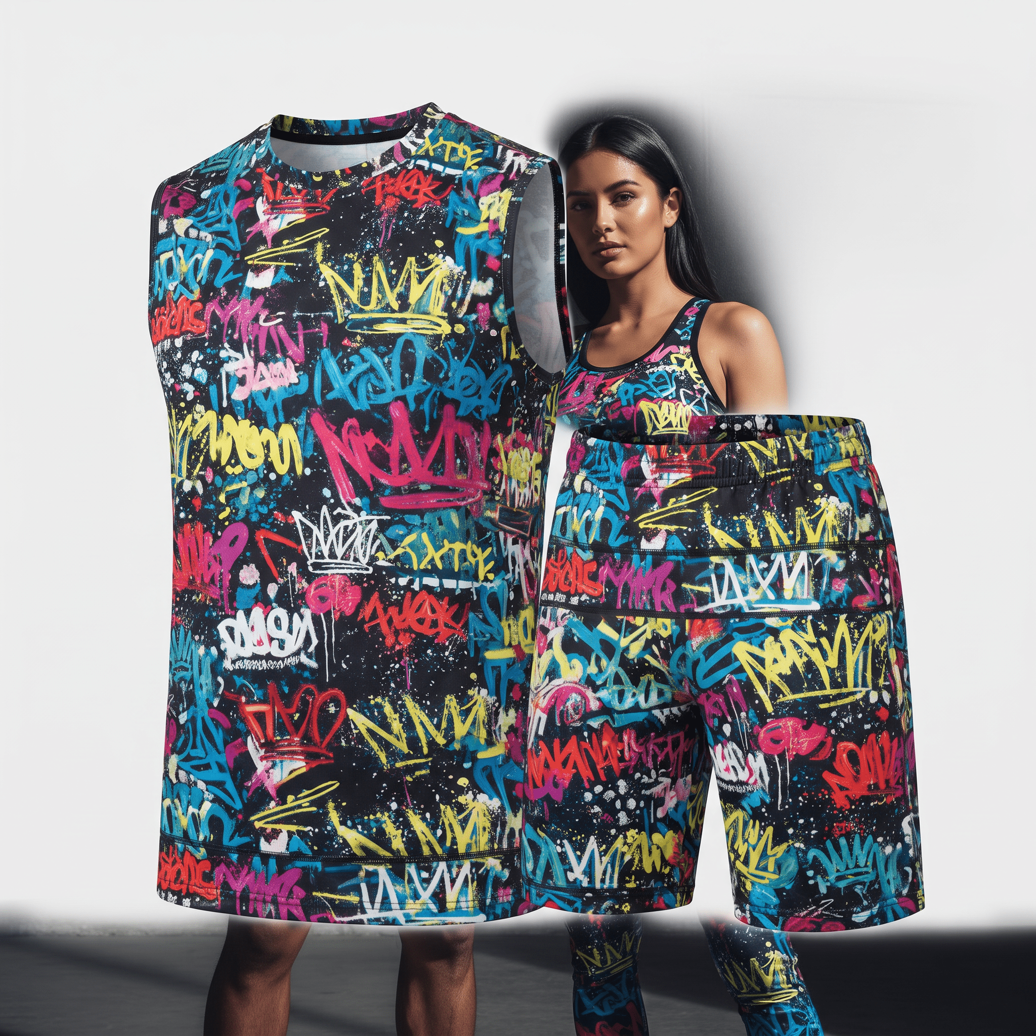 Black athletic tank top and shorts with colorful graffiti print.