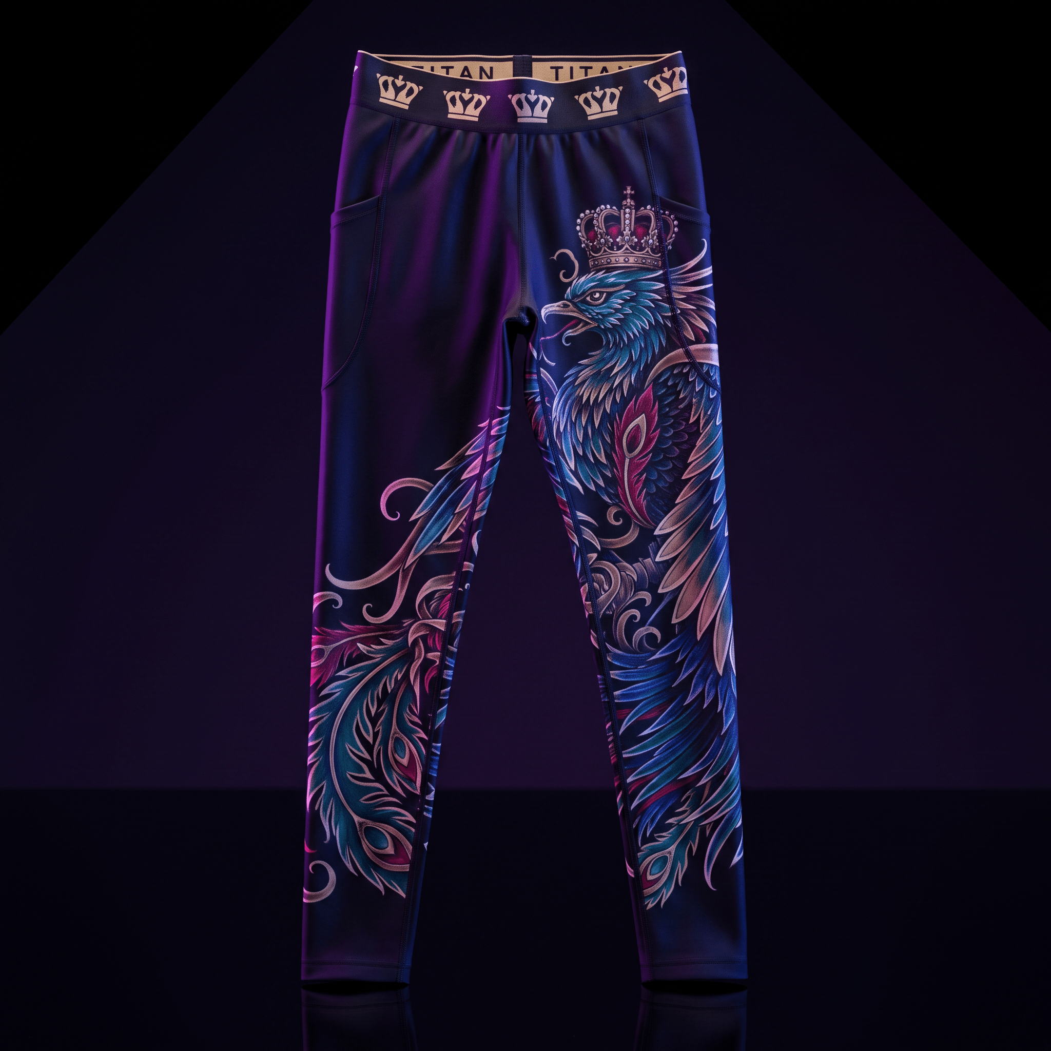 Black leggings with a vibrant blue and pink phoenix print, crown graphics, and a gold branded waistband.