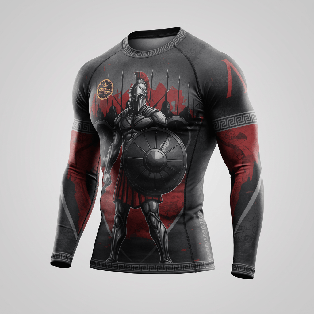 Grey and red long-sleeve compression rash guard featuring a Spartan warrior graphic with a shield and spears.