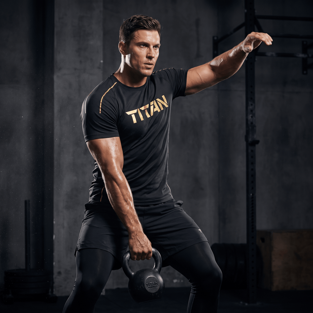 Male athlete in a black TITAN athletic tee holds a kettlebell in a gym.