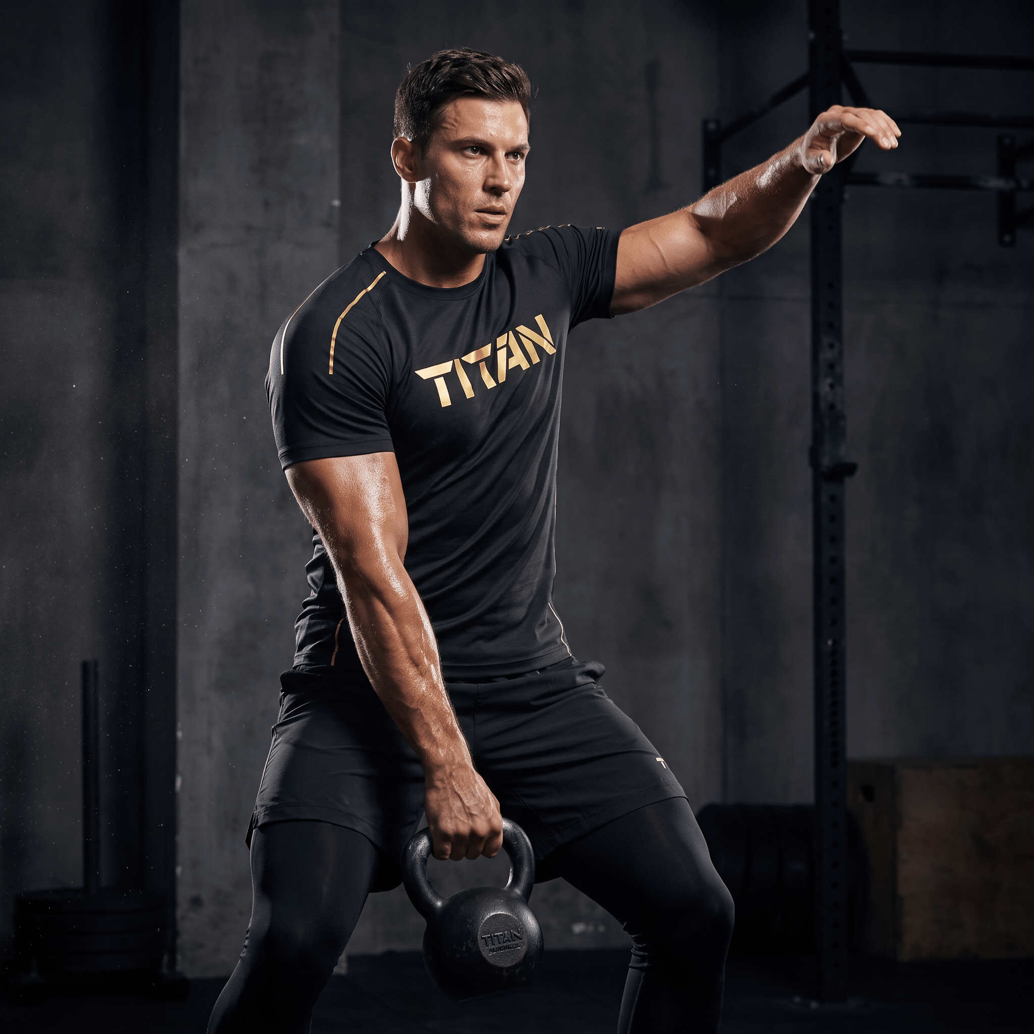 Male athlete in a black TITAN athletic tee holds a kettlebell in a gym.