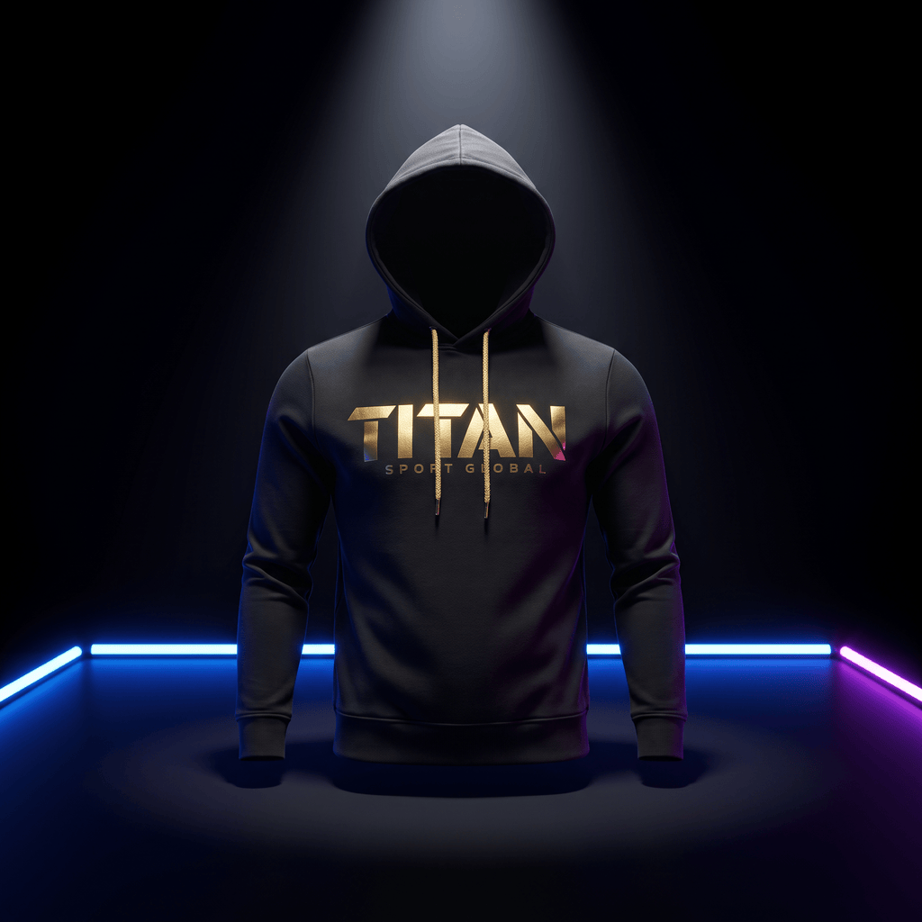 Black hoodie with gold "TITAN SPORT GLOBAL" lettering and gold drawstrings, illuminated by a spotlight against neon.