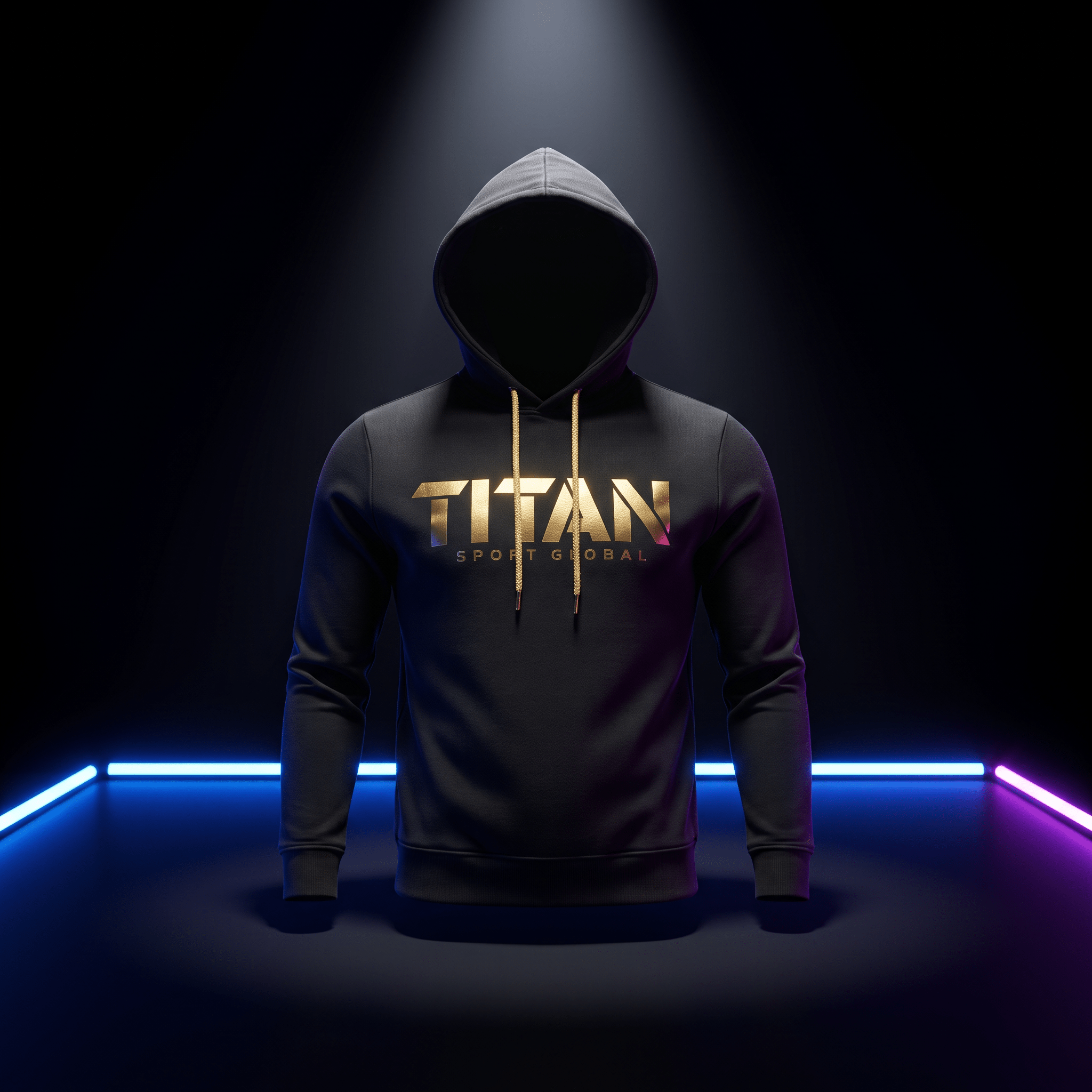 Black hoodie with gold "TITAN SPORT GLOBAL" lettering and gold drawstrings, illuminated by a spotlight against neon.