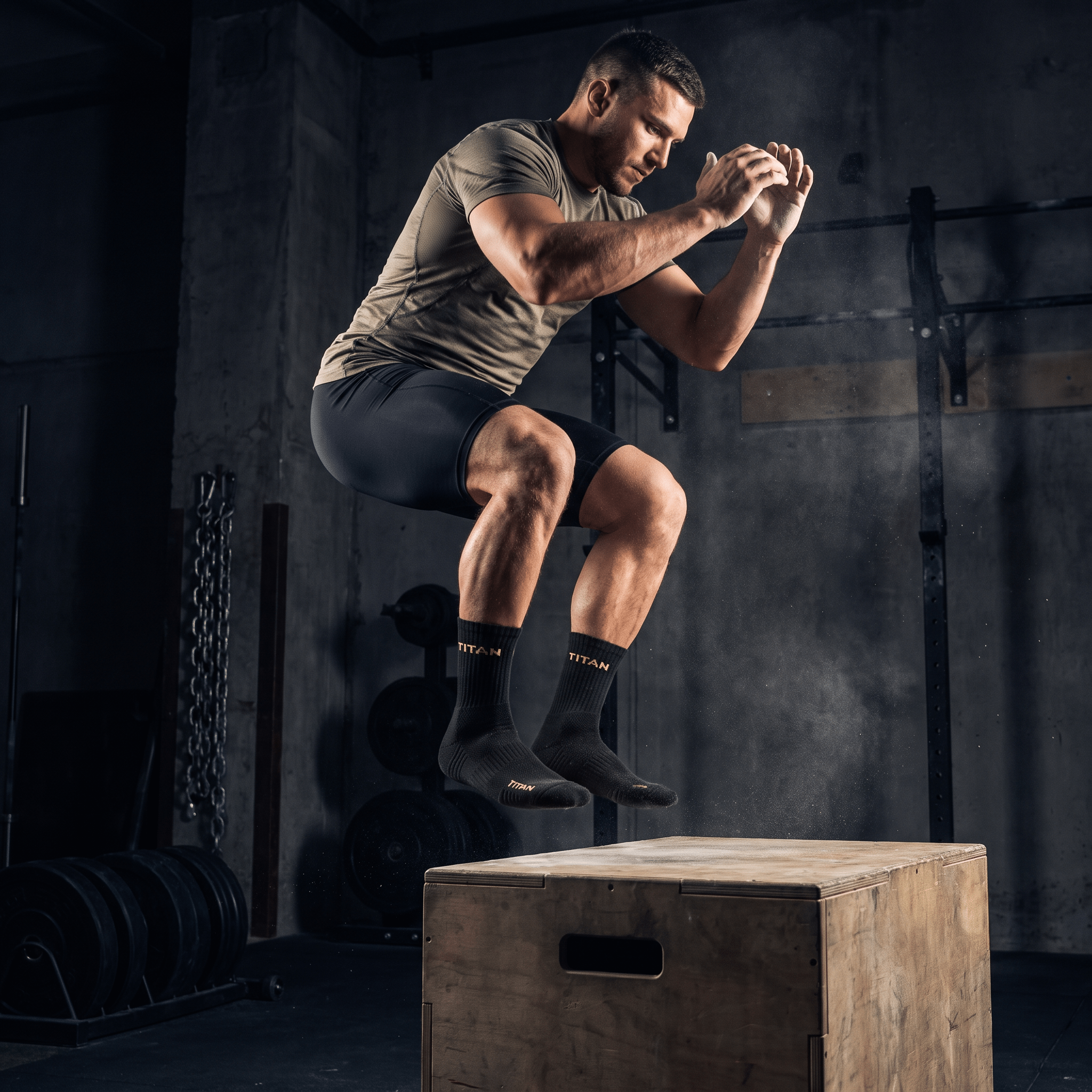 Athlete doing a box jump in the gym wearing TITAN black ankle socks