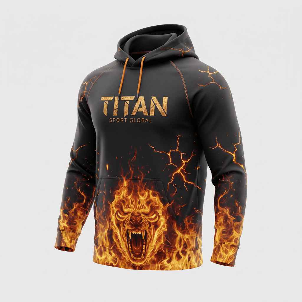 Black athletic hoodie with orange fire and lightning graphics, featuring a Titan Sport Global logo on the chest.