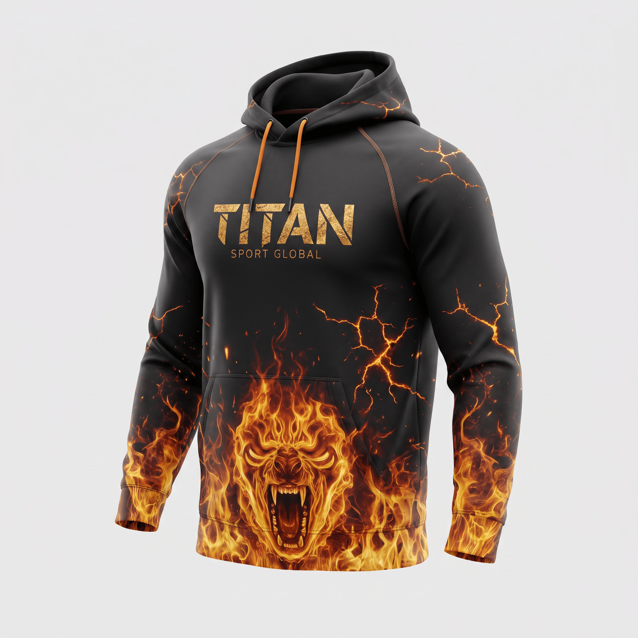 Black athletic hoodie with orange fire and lightning graphics, featuring a Titan Sport Global logo on the chest.