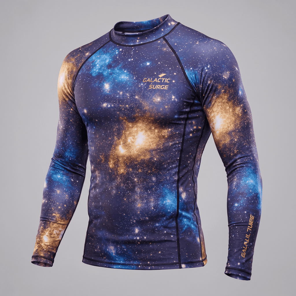 Galactic Surge blue and gold nebula print long-sleeve rash guard with a mock neck.