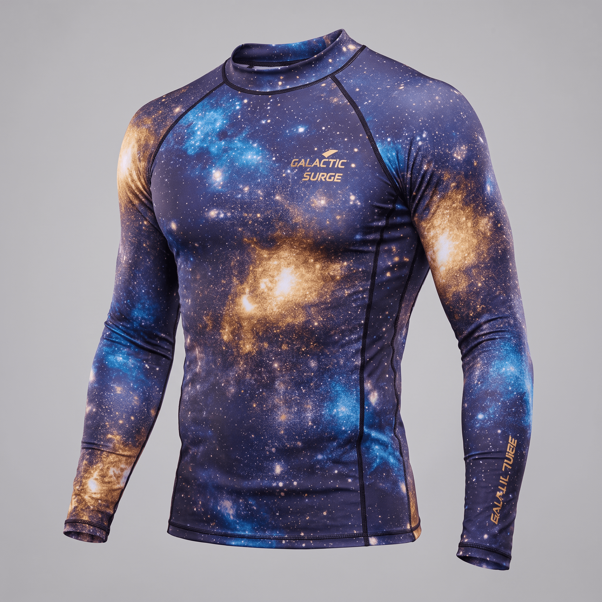 Galactic Surge blue and gold nebula print long-sleeve rash guard with a mock neck.