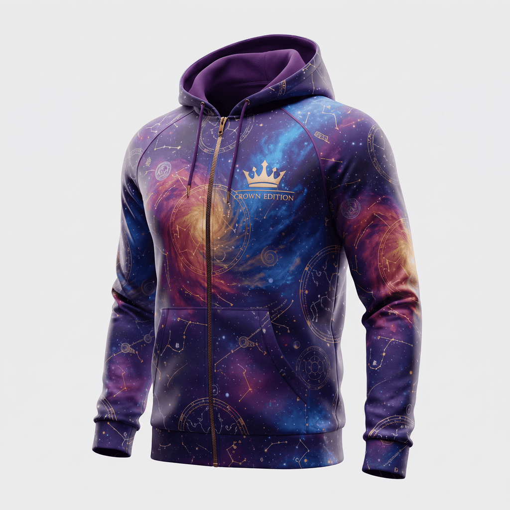 Purple galaxy print zip-up hoodie featuring gold star charts and a Crown Edition logo on the chest.